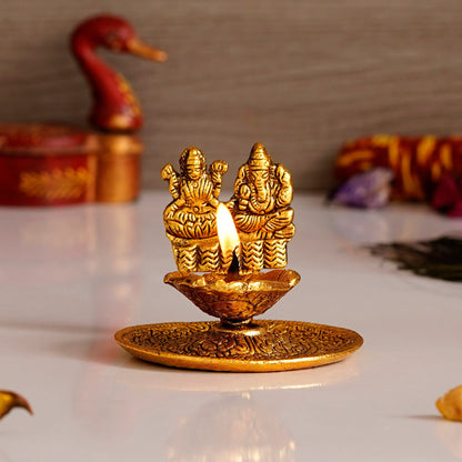 Goddess Laxmi & Lord Ganesha Golden Metal Diya